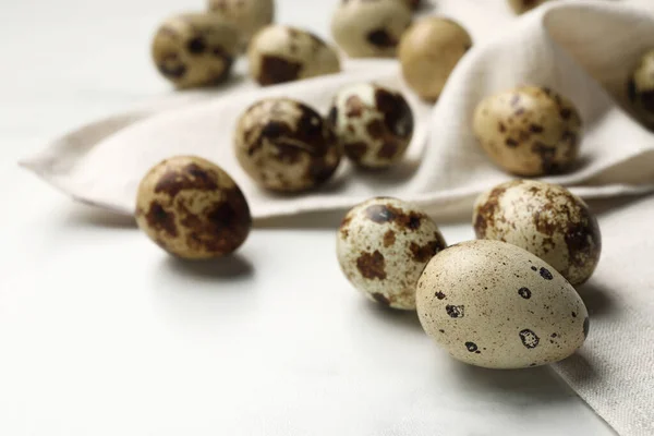 Many Speckled Quail Eggs White Table Space Text — Stock Photo, Image