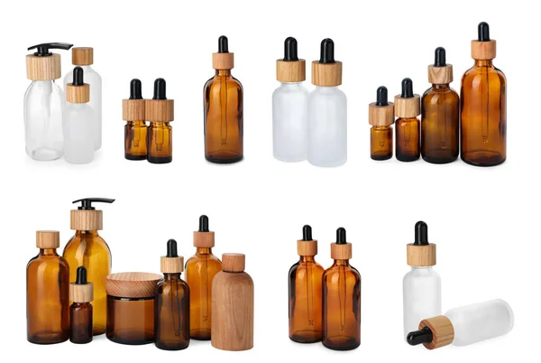 Collage Con Diferentes Botellas Aisladas Blanco — Foto de Stock