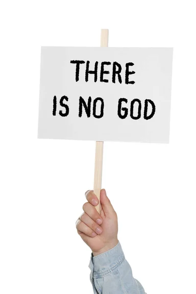 Atheism Man Holding Sign Text God White Background Closeup — Stock Photo, Image