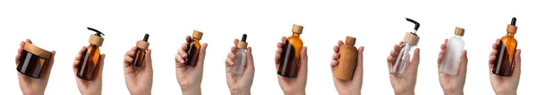Cuidado Piel Collage Con Fotos Mujeres Sosteniendo Tarro Diferentes Botellas —  Fotos de Stock