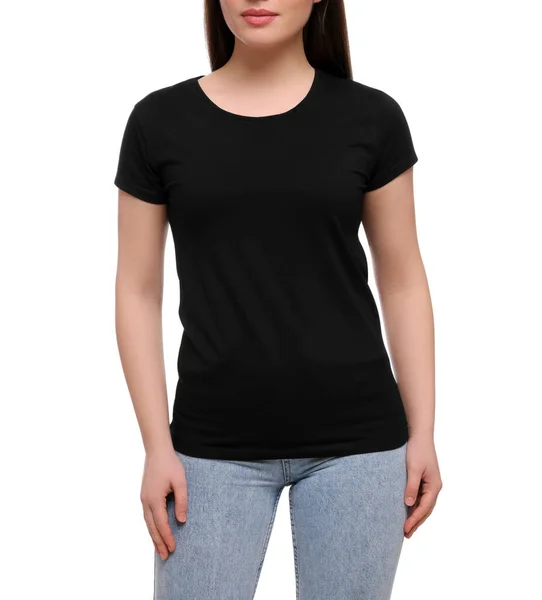 Mujer Con Elegante Camiseta Negra Sobre Fondo Blanco Primer Plano —  Fotos de Stock
