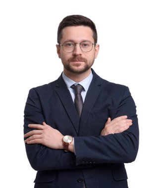 Beyaz arka planda takım elbiseli yakışıklı sakallı iş adamı.