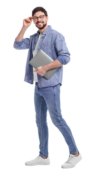 快乐的男人与笔记本电脑在白色背景 — 图库照片