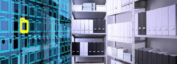 Digital archive. One of storage racks covered folder icons and toned in blue symbolizing keeping information digitally