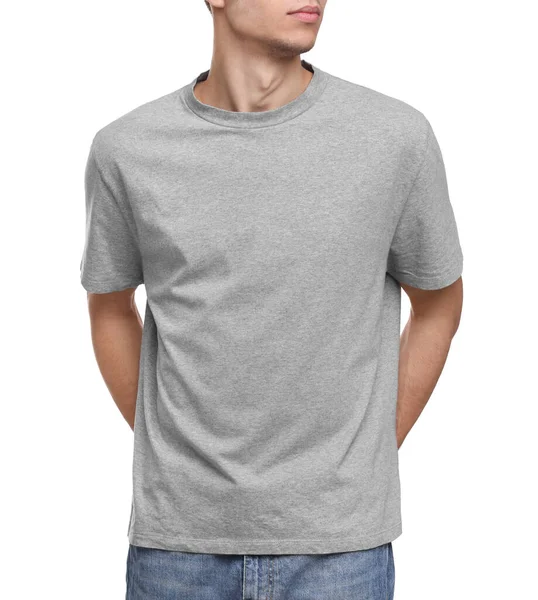 Jovem Vestindo Camiseta Cinza Fundo Branco Close — Fotografia de Stock