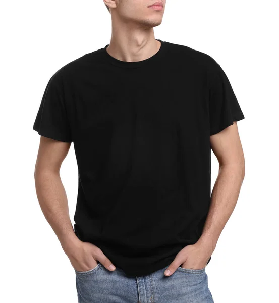 Młody Mężczyzna Czarnej Koszulce Białym Tle Zbliżenie — Zdjęcie stockowe