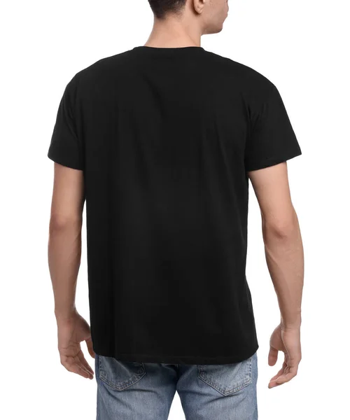 Jongeman Met Zwart Shirt Witte Achtergrond Achteraanzicht — Stockfoto