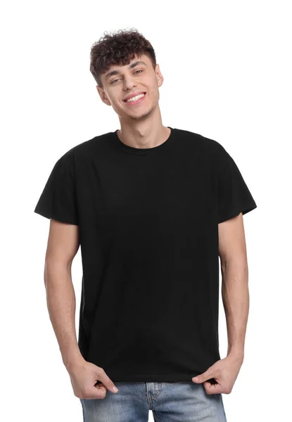Hombre Joven Con Camiseta Negra Sobre Fondo Blanco — Foto de Stock