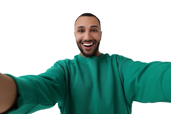 Sorridente Giovane Uomo Prendendo Selfie Sfondo Bianco — Foto Stock