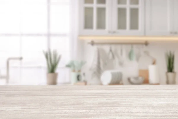 Leerer Weißer Holztisch Der Schönen Küche Raum Für Design — Stockfoto