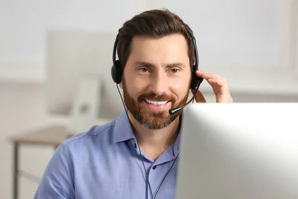 Hotline Operator Headset Working Office Space Text — Stock Photo, Image