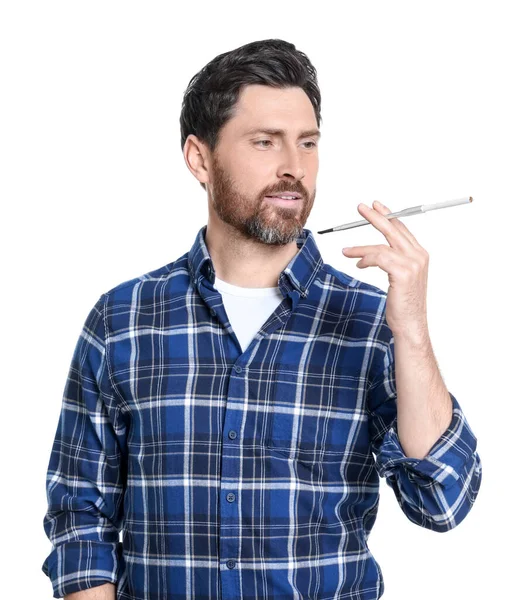 Мужчина Использующий Длинный Держатель Курения Изолированы Белом — стоковое фото