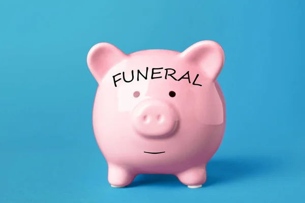 Money for funeral expenses. Pink piggy bank on light blue background