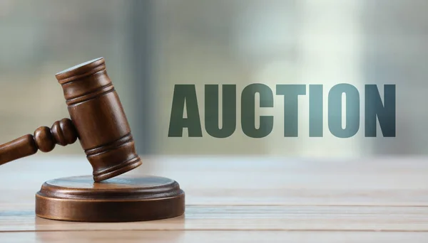 Auction Gavel White Wooden Table Indoors — Stock Photo, Image