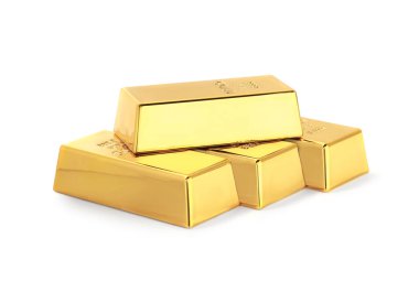 Stack of shiny gold bars isolated on white