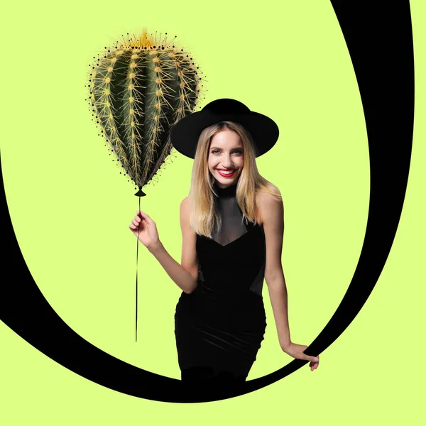 Elegante Obra Arte Mujer Con Sombrero Sosteniendo Cactus Como Globo —  Fotos de Stock