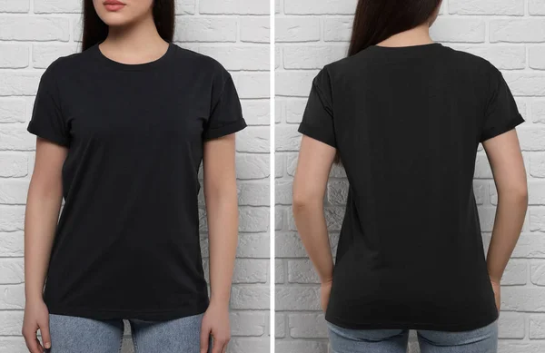 Woman wearing black t-shirt near white brick wall, back and front view. Mockup for design