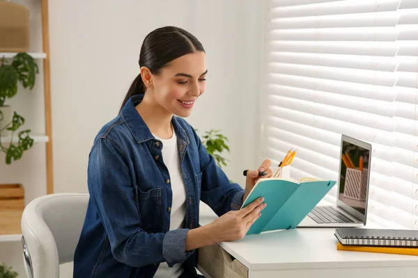 Kvinnan Studerar Laptop Hemma Översättningskurs Online — Stockfoto