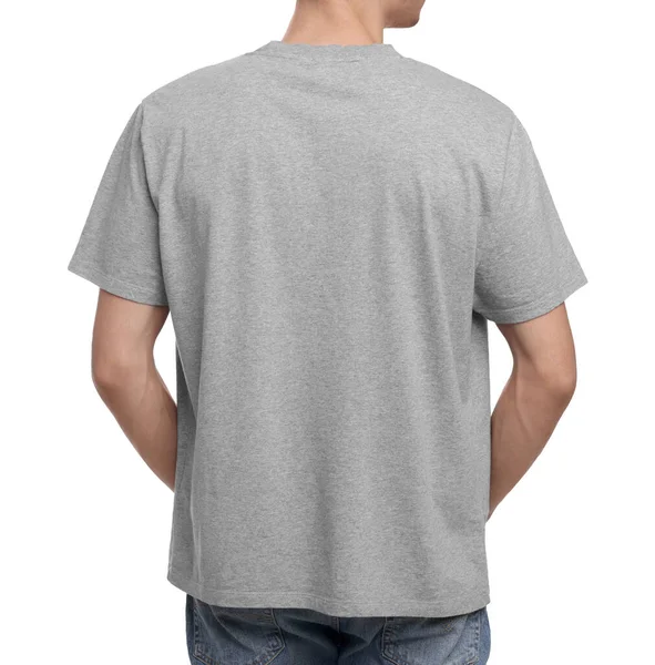 Jovem Vestindo Camiseta Cinza Fundo Branco Vista Traseira — Fotografia de Stock