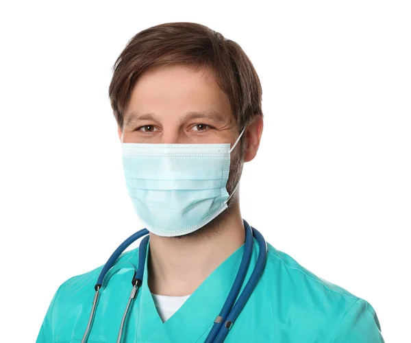 Medico Assistente Medico Infermiere Con Maschera Protettiva Stetoscopio Sfondo Bianco — Foto Stock