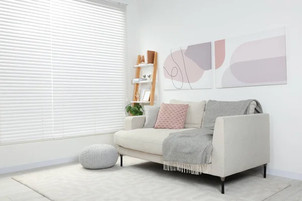 Ruangan Interior Bergaya Dengan Sofa Nyaman Rak Kayu Dan Bantal — Stok Foto