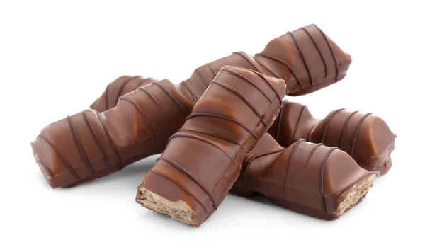 Morceaux Barres Chocolat Savoureux Sur Fond Blanc — Photo