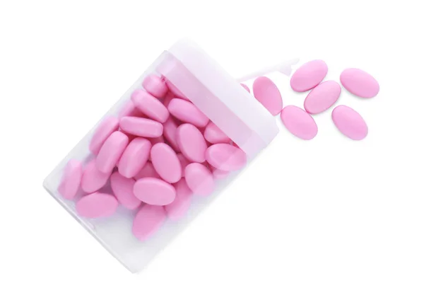 Вкусные Розовые Конфеты Драже Коробкой Белом Фоне Вид Сверху — стоковое фото