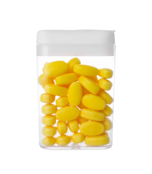 Saboroso Amarelo Dragee Doces Caixa Isolada Branco — Fotografia de Stock