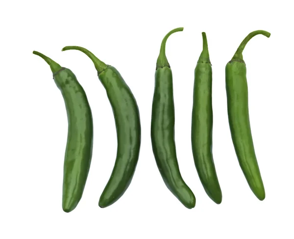 Green Hot Chili Peppers White Background Top View — Stock Photo, Image