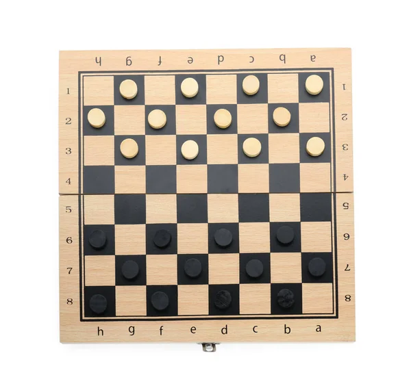 Schachbrett Aus Holz Mit Spielsteinen Isoliert Auf Weiß Ansicht Von — Stockfoto