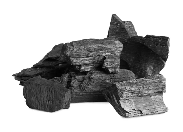 Trozos Carbón Aislados Blanco Depósitos Minerales —  Fotos de Stock