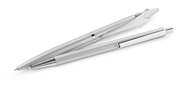 Nieuwe Stijlvolle Zilveren Pennen Geïsoleerd Wit — Stockfoto
