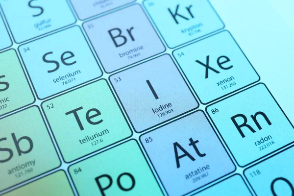 Symbol Iodine Periodic Table Elements Color Background Closeup — Stock Photo, Image