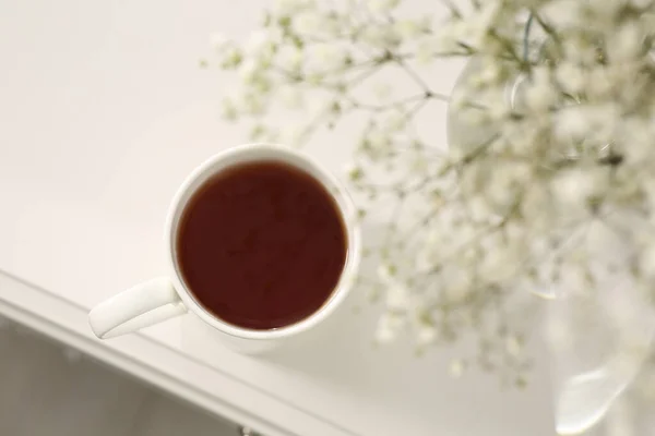 Ceramic Mug Tea White Bedside Table Indoors Top View — Stock Photo, Image