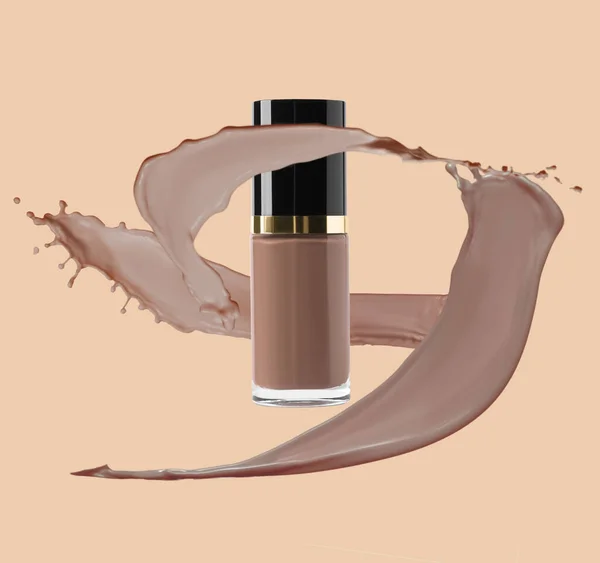 Liquid foundation in bottle and splashes of makeup product on dark beige background