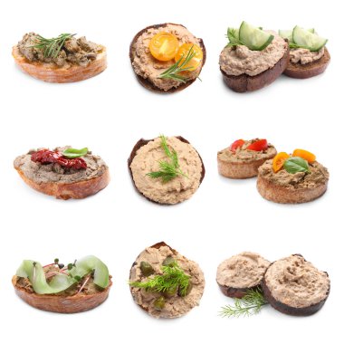 Beyaz arka planda lezzetli ezmeli ekmek dilimleri, kolaj tasarımı