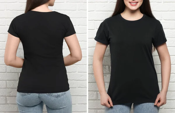 Woman wearing black t-shirt near white brick wall, back and front views. Mockup for design