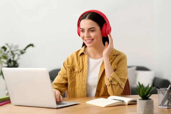 Woman Headphones Studying Laptop Home Online Translation Course — Stock Photo, Image