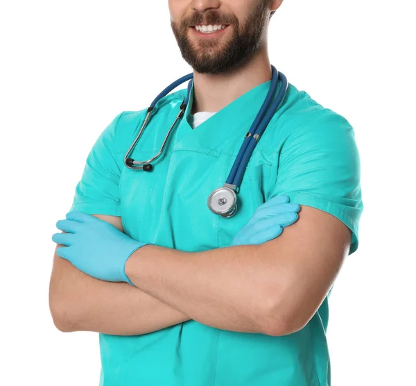 Lékař Nebo Zdravotní Sestra Uniformě Stetoskopem Bílém Pozadí Detailní Záběr — Stock fotografie