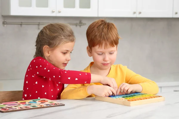 Children Playing Math Game Kit White Marble Table Kitchen Learning — Stock Photo, Image