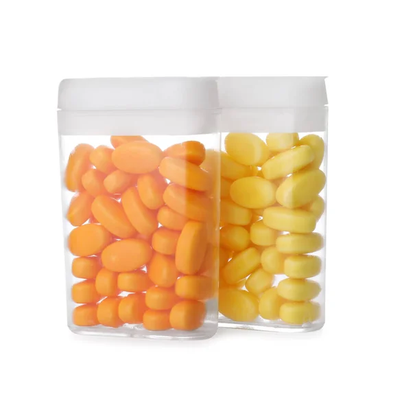 Boxes Orange Yellow Dragee Candies White Background — Stock Photo, Image