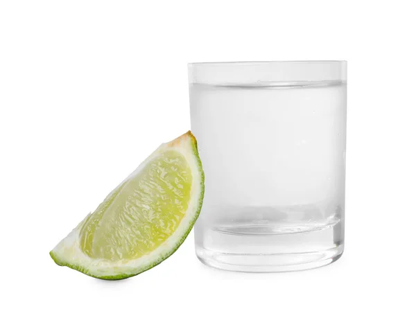 Shot Glass Vodka Lime Isolated White — Stock Photo, Image