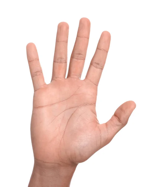 Człowiek Daje Przybicie Piątki Białym Tle Zbliżenie Dłoni — Zdjęcie stockowe