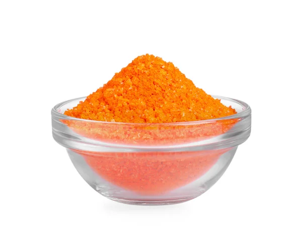 白に隔離されたオレンジ色の食品着色料を持つガラスボウル — ストック写真