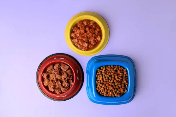 Wet Dry Pet Food Feeding Bowls Violet Background Flat Lay — Stock Photo, Image