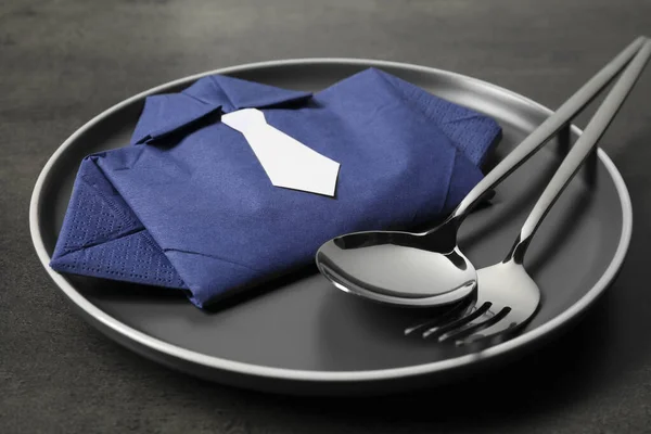 Plate Shirt Made Paper Napkin Cutlery Grey Table Closeup Business — Stock Photo, Image