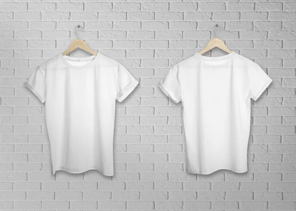 Stylish White Shirts Brick Wall Back Front Views Space Design — Stock Photo, Image