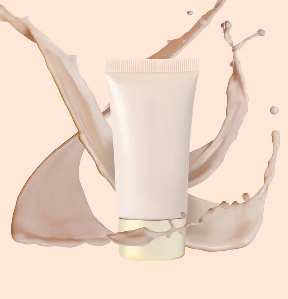 Liquid Foundation Tube Splashes Makeup Product Pink Beige Background — Stock Photo, Image