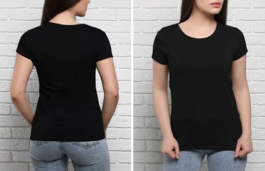 Beyaz tuğla duvarın yanında siyah tişört giyen bir kadın. Tasarım için model