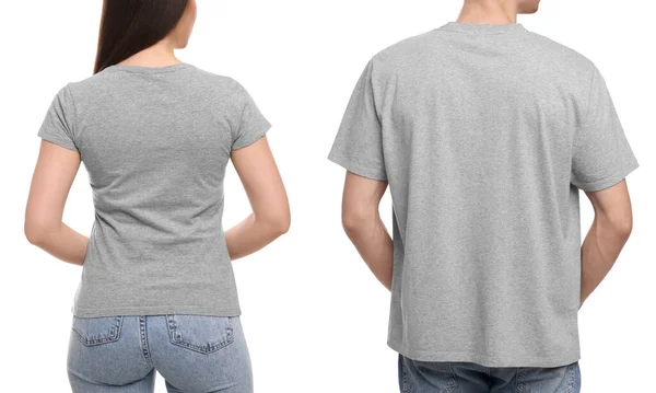 Menschen Grauen Shirts Auf Weißem Hintergrund Rückansicht Mockup Für Design — Stockfoto